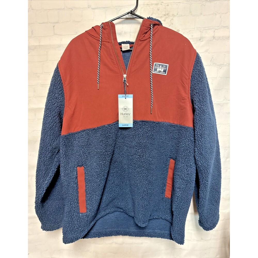 NWT Hurley Men's 1/4 Sherpa Anorak Hoodie Obsidian Size L rust orange blue